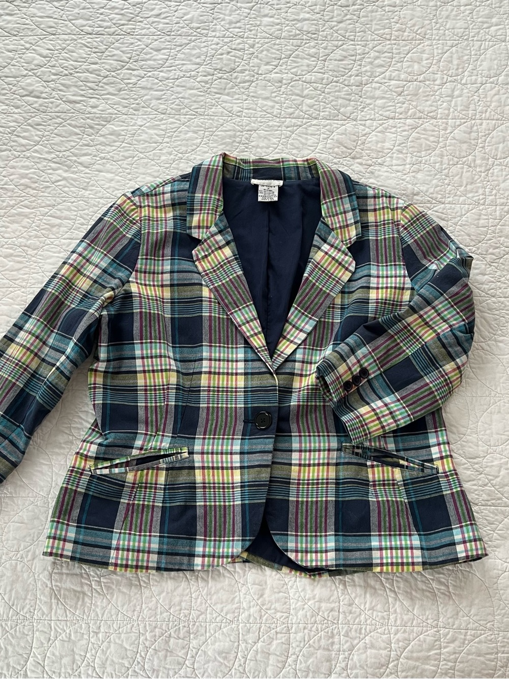 Chadwicks Y2K Navy/Multi Madras Plaid Single-Button Cotton Blazer Preppy Fun